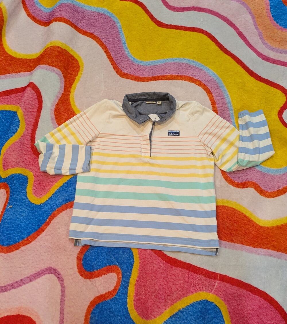 L.L. Bean Cotton Rugby Henley Pastel Rainbow Stripe Size L